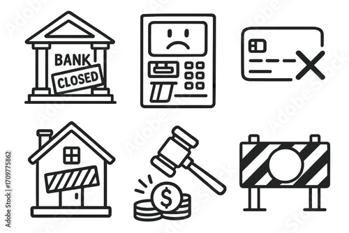 Bankruptcy linear icon set. featuring bank, atm, credit card, foreclosure, auction, and barricade symbols