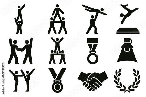 Gymnastics silhouette icon set. featuring team stunt, balance beam, medal, handshake, and laurel symbols