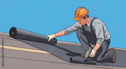 Roof repair operation with professional roofer at work on rooftop using a nail gun to fix waterproof membrane, roof repair is essential for weather protection. Roofer completing roof repair on house,