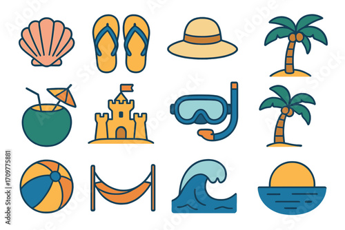 Tropical vacation linear icon set. featuring seashell, flip-flops, hat, palm trees, cocktail, sandcastle, snorkeling mask, beach ball, hammock, wave, sunset