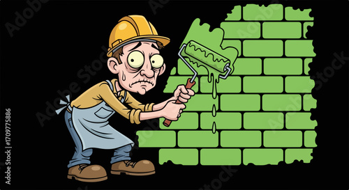 Stressed painter applies paint to brick wall with roller, showing signs of fatigue. Stressed painter is depicted with drooping eyes and a hardhat as he struggles through task.