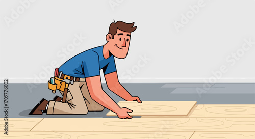Flooring installation showing carpenter fitting wood floor. Flooring installation at home requires skill and expertise, with careful fitting to ensure seamless design.