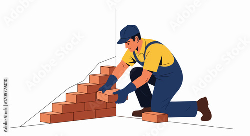 Bricklayer laying bricks, creating brickwork with skill and precision on white background. Skilled bricklayer ensures perfect brickwork by placing each brick carefully, emphasizing craftsmanship,