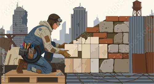 Rooftop construction worker builds brick wall against urban skyline background, showcasing dedication. Construction worker carefully places brick, ensuring precise alignment in rooftop construction.