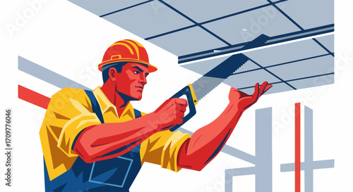 Construction worker cutting ceiling tiles expertly, Construction worker adjusting the structure of ceiling with hand saw.
