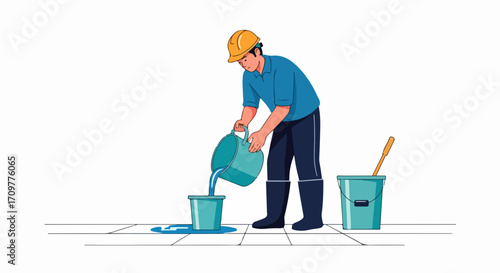 Worker filling bucket with water, wearing safety helmet, as water pours. Construction worker refills bucket with water to clean spill. Worker filling bucket with water,