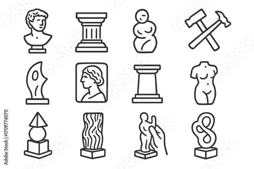 Art elements linear icon set. featuring busts, pillars, venus, chisels, abstract, portraits, sculpture tools, infinity