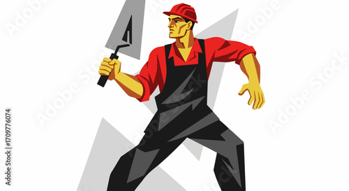 Construction worker wielding a trowel, illustration of hard work depicts dedicated building employee in uniform and cap.