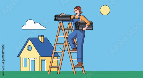Worker on ladder carrying toolbox for outdoor repairs, worker on ladder performs maintenance on bright sunny day. Female worker on ladder is doing repairs on summer day,