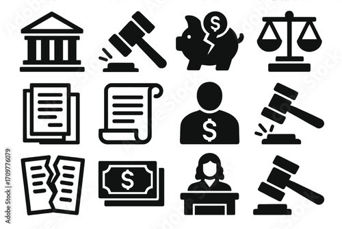 Law and justice silhouette icon set. featuring courthouse, gavel, contract, scales, piggy bank, and lawyer symbols.