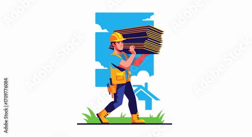 Construction worker carrying wood is displayed on bright background. Construction worker is illustrated with planks for building materials over shoulder. Use construction worker in advertising,