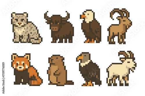 Wildlife pixel icon set. featuring animals like lynx, bison, eagle, and mountain goat