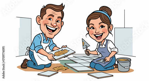 Tile laying by happy workers, man and woman smiling and kneeling in new building. Tile laying done by team is precise, skillful, and fast. Concept Tile laying, flooring,