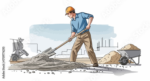 Construction worker mixing concrete with shovel on site. Construction worker shown with cement mixer and wheelbarrow, hard at work.