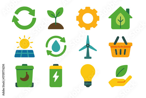 Eco and renewable energy flat icons set. includes recycle, plant, sustainability, solar, wind, and eco-friendly symbols