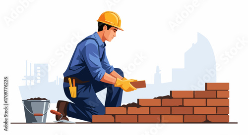 Bricklayer at work constructing a brick wall on a construction site, bricklayer profession concept shown. Skilled bricklayer carefully places each brick to ensure stability and structural integrity.