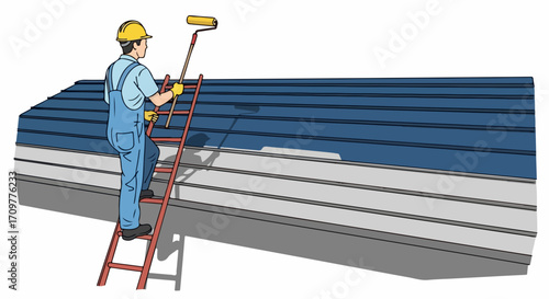Painter at work on roof, using paint roller to apply paint. Applying paint to roof is hard work, seen in painter's posture while using paint roller on top of ladder.