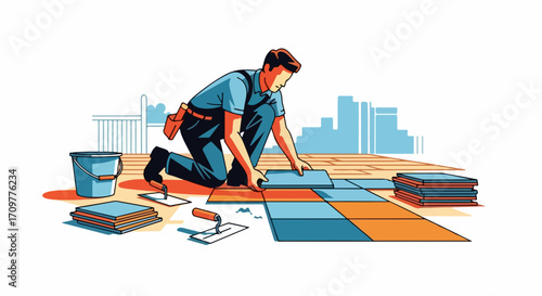 Home improvement is made easier with floor installation by contractor laying tiles. Home improvement task, tile installation requires skill, precision to construct floor,