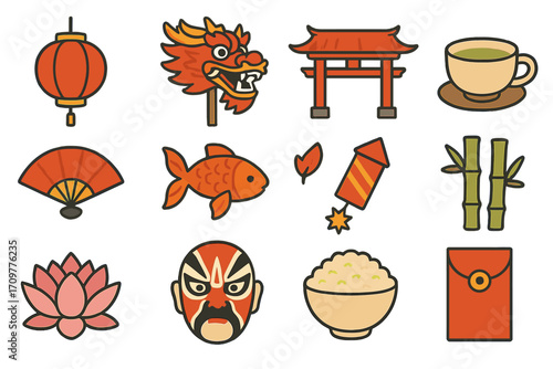 Chinese culture flat icons set. featuring lantern, dragon, temple, tea, fan, fish, fireworks, bamboo, lotus, opera, rice, envelope