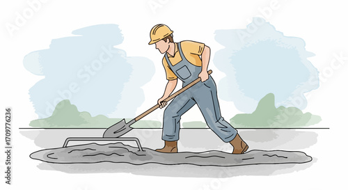 Construction worker spreading concrete with shovel on a construction site. Construction worker levels a smooth concrete floor with tool for paving on site,