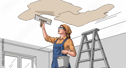 Applying ceiling plaster with tools on room ceiling, skilled worker repairs, plastering ceiling with expertise. Applying ceiling plaster with tools to enhance home interiors,