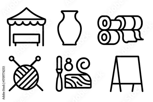Art and craft linear icon set. featuring pottery, yarn, tapestry, tent, knife, easel symbols
