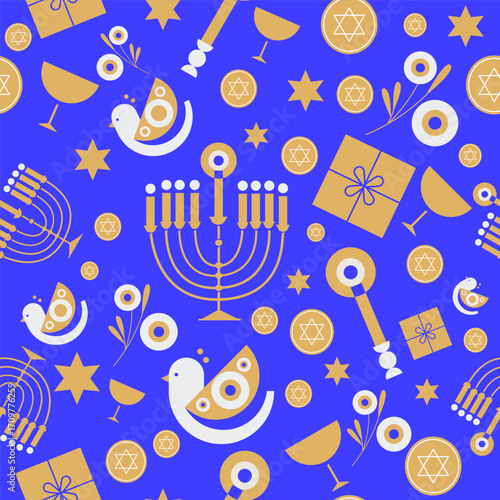 Bright Blue Hanukkah Seamless Pattern with Menorahs, Stars of David, Dreidels, and Festive Holiday Icons
