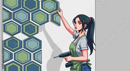 Woman tiling wall with hexagonal tiles in a home renovation project, showcasing home renovation process. Home renovation includes meticulous tile placement,
