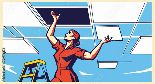 Repairing ceiling tiles with woman in overalls, repair work shown in retro cartoon style. Repairing ceiling tiles is woman's work; repair work also includes replacing damaged grid panels,