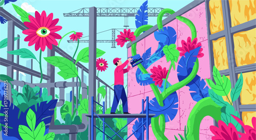 Person painting mural, depicting scene with flowers on wall. Mural artist creating painting outdoors, featuring colorful flowers and lush foliage, is using a brush to add details.