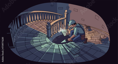Handyman stairs repairs on spiral staircase, handyman at work. Handyman stairs repairs with blueprint on steps and professional tools.