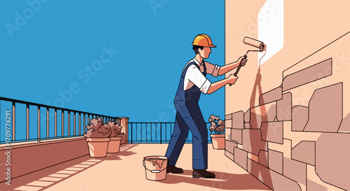 Construction worker painting exterior wall with paint roller during Construction work. Construction work involves painter in uniform on roof, painting old brick wall.