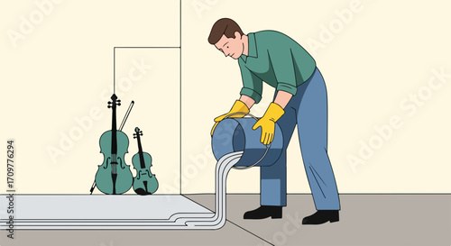 Construction worker pouring self leveling compound onto the floor for renovation. Construction worker levels floor surface, adding self leveling compound for creating smooth base.