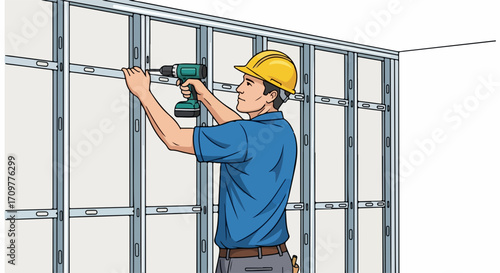 Metal stud framing with construction worker drilling. Metal stud framing in building is efficient. Consider metal stud framing for interior work and walls; construction is the main purpose,