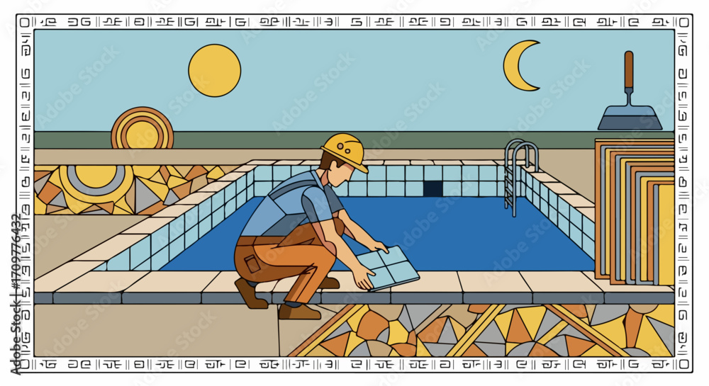 Obraz premium Tiling pool with careful handiwork creates luxurious finish. Tiling pool requires a steady hand, laying tiles along edge, arranging them precisely to ensure perfect pool tiling,