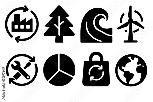 Ecology and industry silhouette icon set. featuring factory, tree, wave, wind turbine, recycle, earth