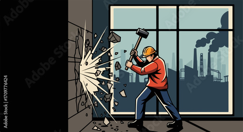 Demolition work with worker using hammer, breaking wall, and creating dust and debris in industrial area. Demolition work on site shows strength and determination as worker hits wall with force.