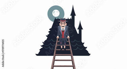 A quirky man climbs ladder leading to castle under moon. Eccentric man in vintage suit ascends ladder towards fantasy castle. Dreamy man on ladder expresses surreal climb.