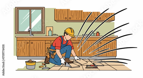 Installing tile in kitchen with worker laying tiles on floor. Tile installation in kitchen, a professional craftsman carefully works on layout and installation, ensuring precise and even surface.
