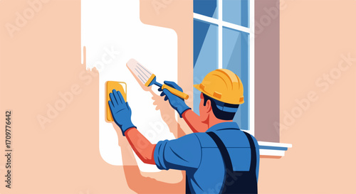 Painter painting wall with brush, applying fresh white paint on orange wall. Painter renovates house room interior, using paint brush and work gloves.