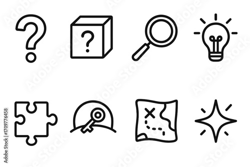 Mystery and exploration linear icons set. featuring question mark, box, magnifying glass, bulb, puzzle, key, map, sparkle