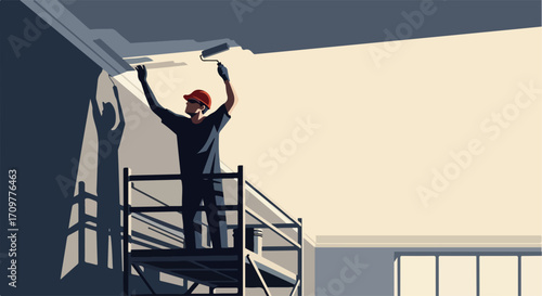 Painter at work on scaffolding paints wall, painter at work creates clean, modern interior. Applying paint on ceiling, painter at work is focused and skilled.