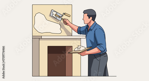 Man applying plaster on wall using a trowel for renovation, Hombre aplicando yeso en la pared para un proyecto de mejora del hogar to create smooth surface,