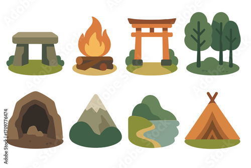 Nature flat icon set. featuring stonehenge, campfire, torii gate, forest, cave, mountain, river, and tent symbols