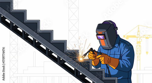 Industrial staircase construction with welding worker in protective gear. Welding worker builds industrial staircase framework, using welding tools and sparks.