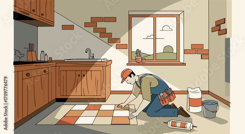 Tiling project in kitchen with worker installing tiles with mortar and trowel, worker carrying out tiling project laying tiles.