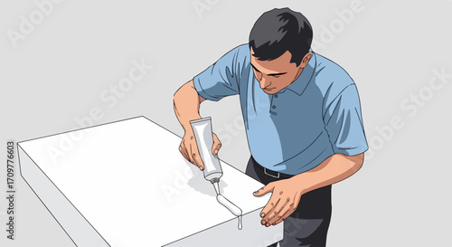 Applying sealant, man is applying sealant from tube onto white surface, creating a waterproof seal. This caulking step will prevent leaks, providing a secure bond.