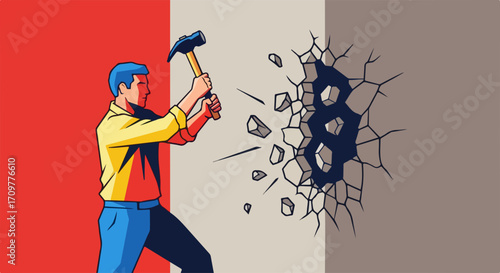 Man demolishing obstacle, Bitcoin obstacle is hit by worker with hammer and being broken down. Financial obstacle concept presents difficulty in cryptocurrency.
