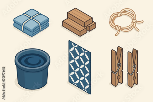 Laundry items flat icons set. featuring basket, clothespin, rope, folded tape, board, and iron bar symbols