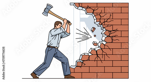 Demolition work with man destroying wall with axe to make hole in brick wall. Demolition project continues after man strikes wall, causing cracks and fragments.